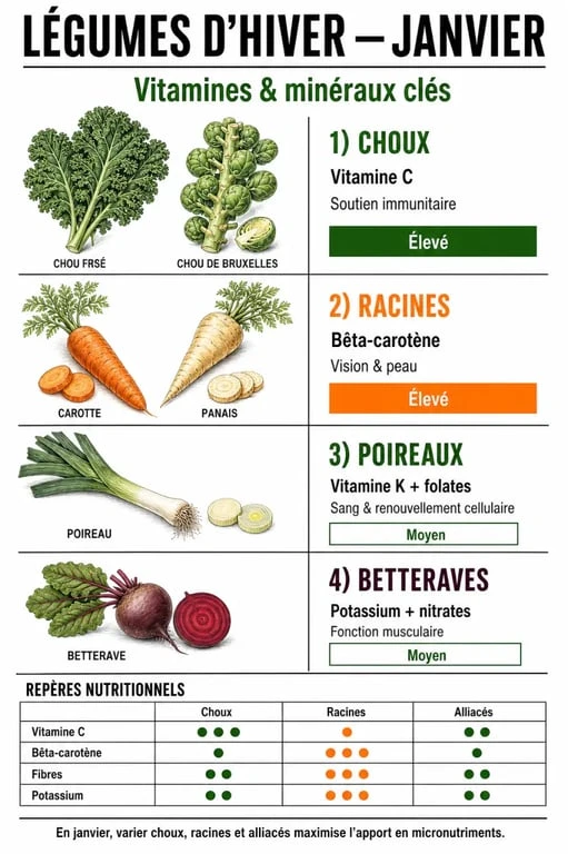 Infographie des bienfaits nutritionnels des légumes de saison en janvier pour la santé