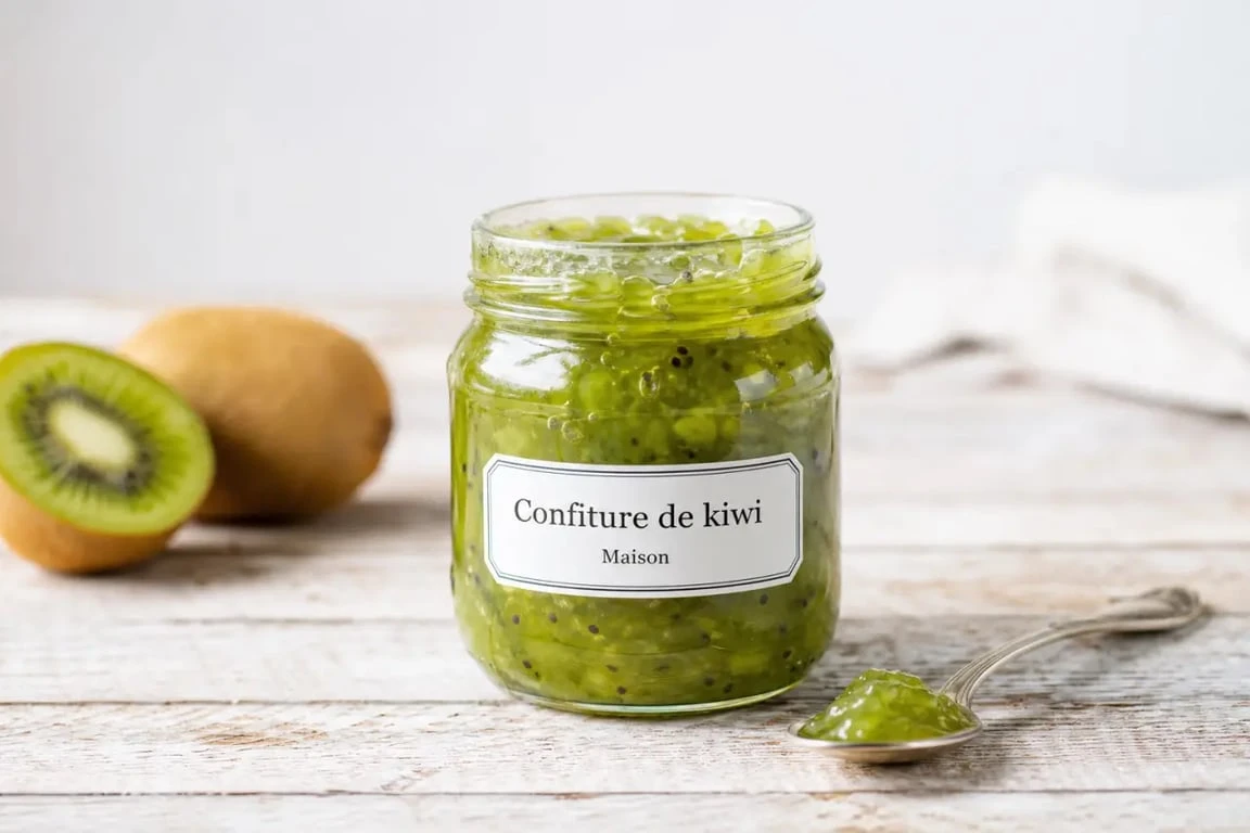 Pot de confiture de kiwi de grand-mère artisanale sur une table en bois