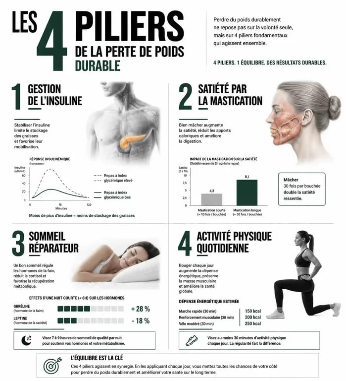 Infographie des 4 piliers pour maigrir sans régime : insuline, satiété, sommeil et activité physique