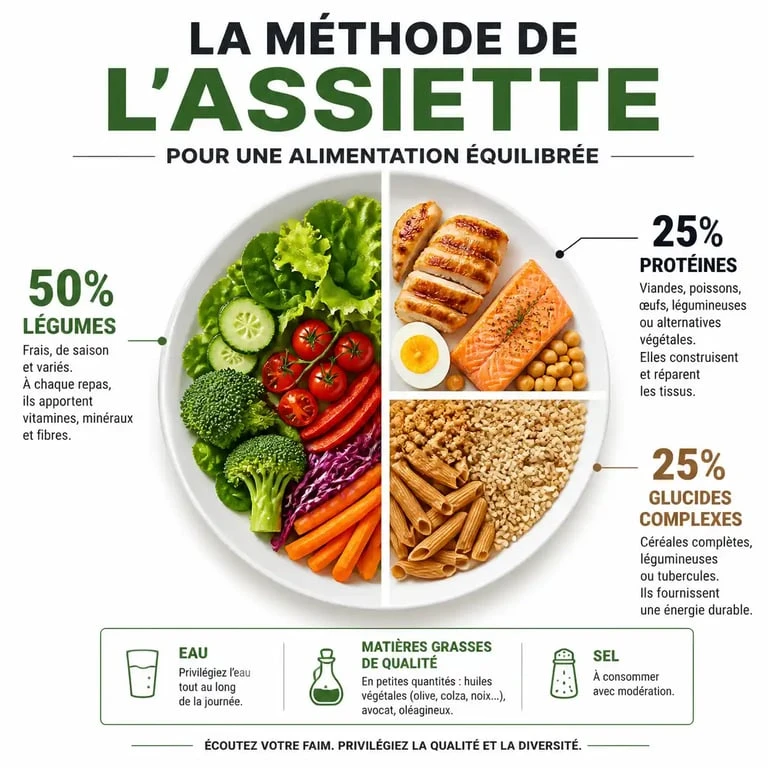 Infographie nutritionnelle illustrant la méthode de l'assiette pour perdre du poids sainement