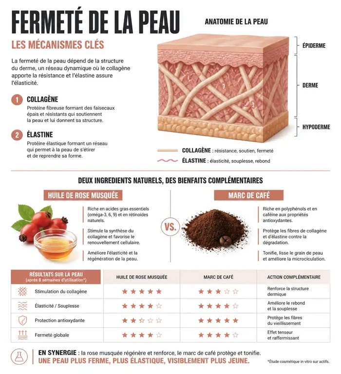Infographie expliquant les remèdes de grand-mère pour raffermir la peau et le rôle du collagène