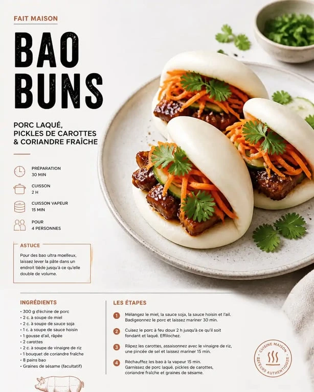 Bao buns maison garnis de porc laqué et légumes frais