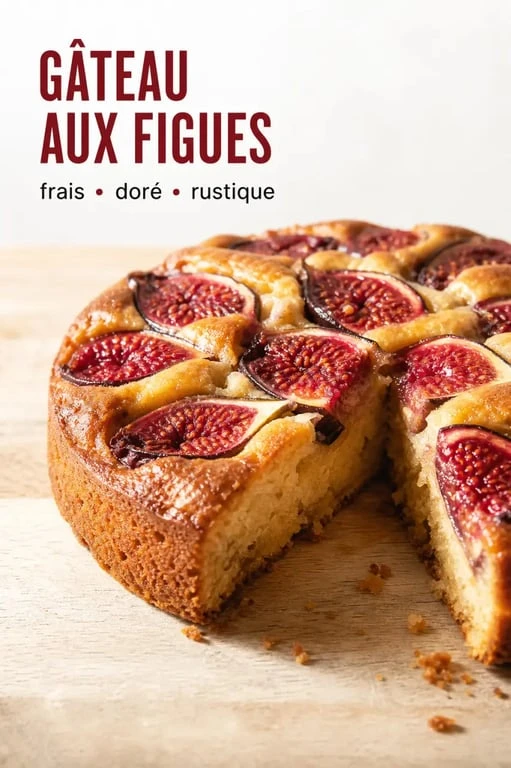 Gâteau moelleux aux figues fraîches sur une table en bois, dessert gourmand de saison