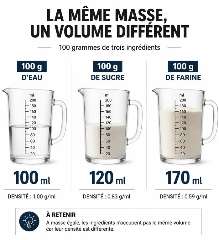 Infographie comparative montrant la conversion de 100g en ml pour différents ingrédients comme l'eau, le sucre et la farine