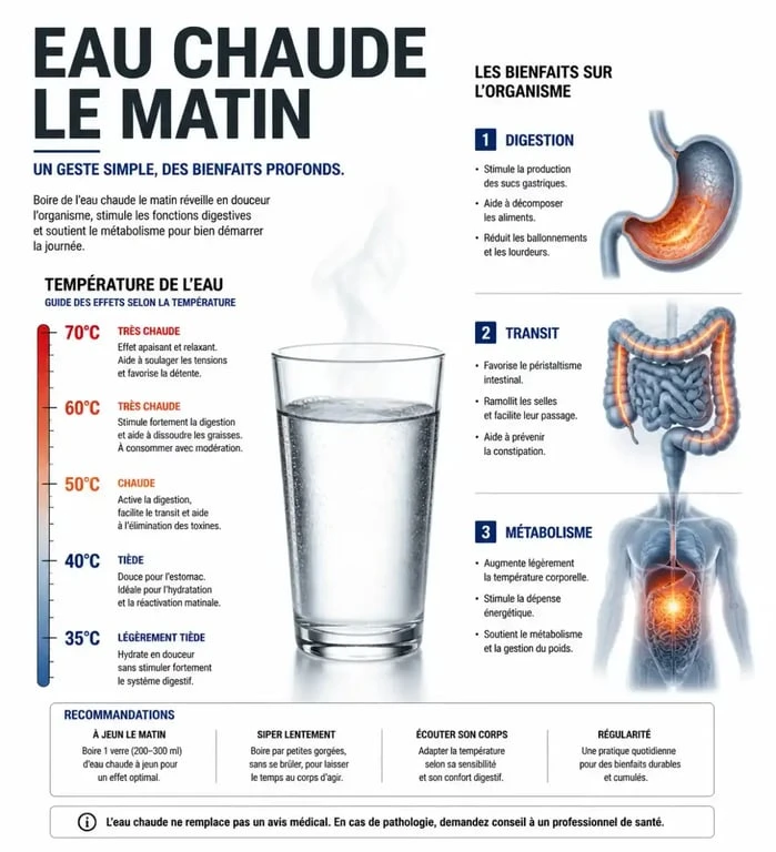 Infographie sur les bienfaits de boire de l'eau chaude le matin pour la digestion et le métabolisme.