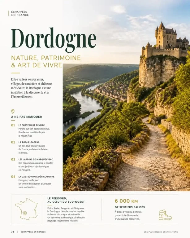 Sentier de randonnée offrant une vue imprenable sur les plus belles randonnées en Dordogne.