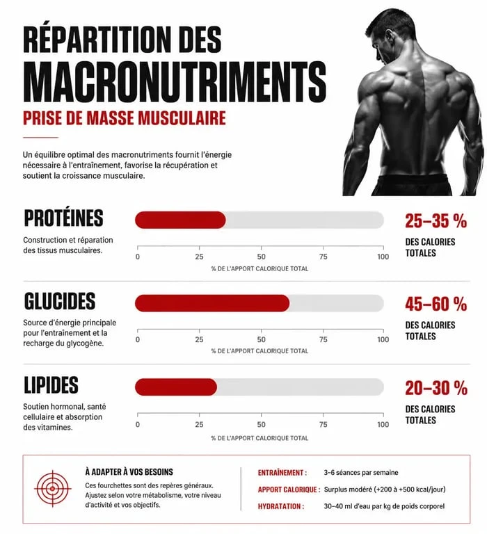 Infographie sur la répartition des macronutriments pour une prise de masse musculaire efficace