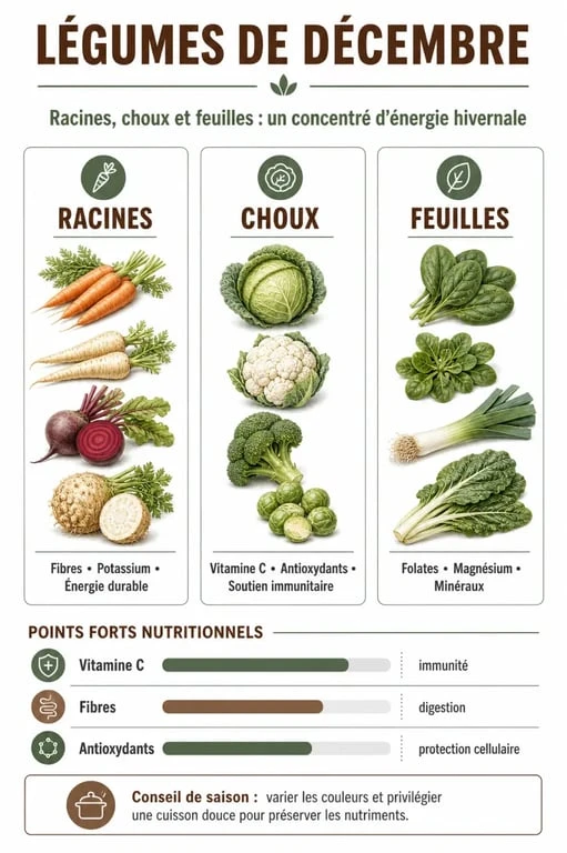 Infographie des bienfaits nutritionnels et des légumes de saison en décembre