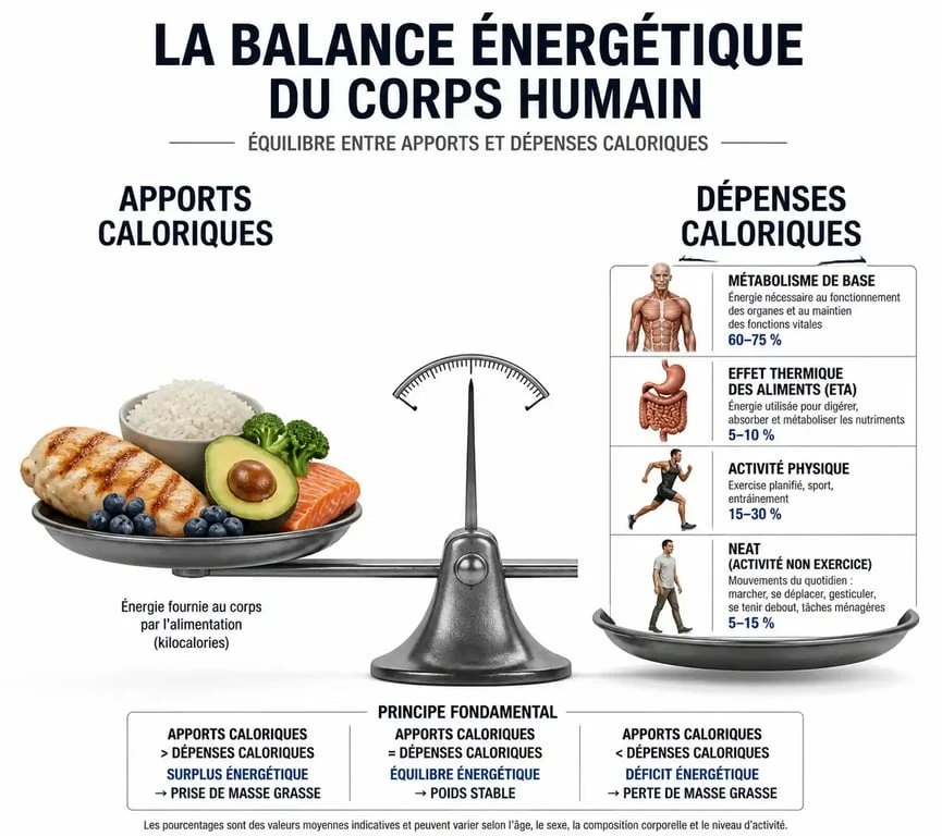 Schéma explicatif du fonctionnement du déficit calorique et de la balance énergétique
