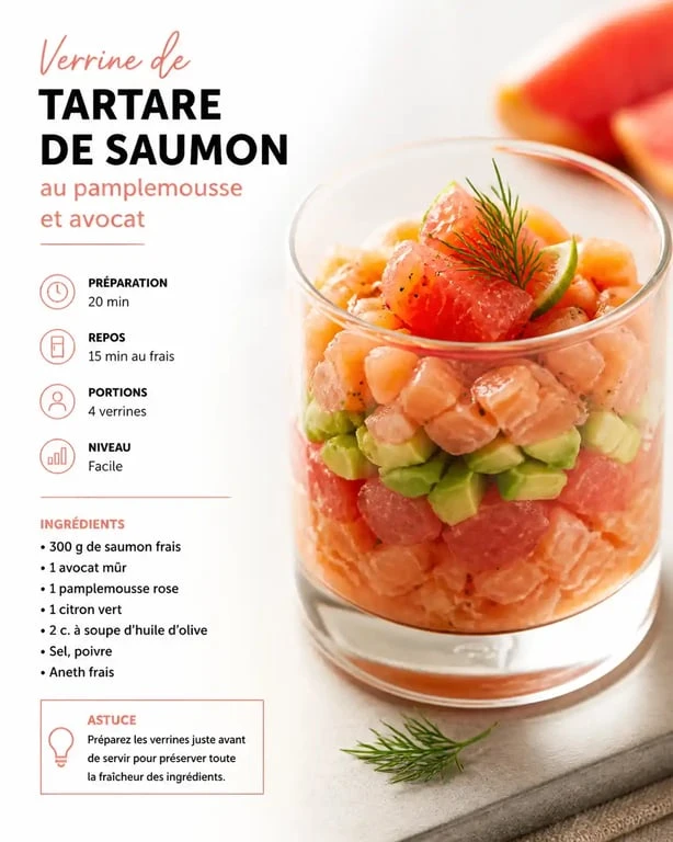 Verrine de tartare de saumon au pamplemousse et avocat, une idée d'entrée froide raffinée et colorée.