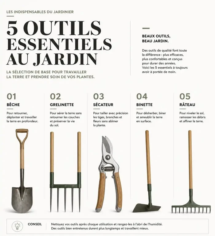 Infographie des outils de jardinage essentiels pour entretenir son potager et son jardin