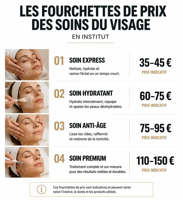 Infographie des prix moyens des soins du visage en institut selon le type de prestation