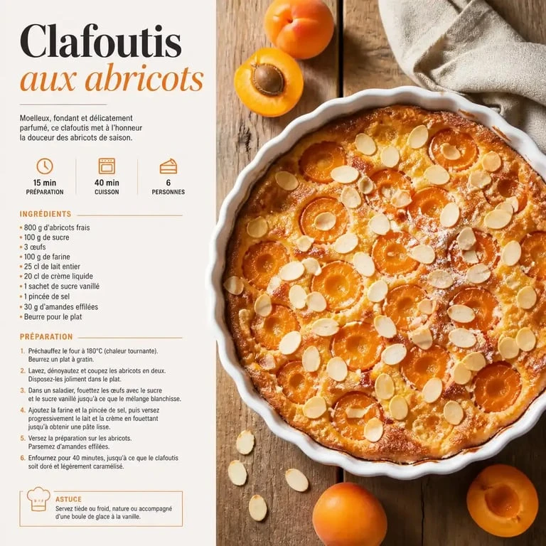 Clafoutis aux abricots frais et amandes, dessert maison gourmand et de saison