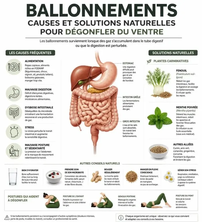 Infographie sur les causes et solutions naturelles pour savoir comment dégonfler du ventre rapidement.