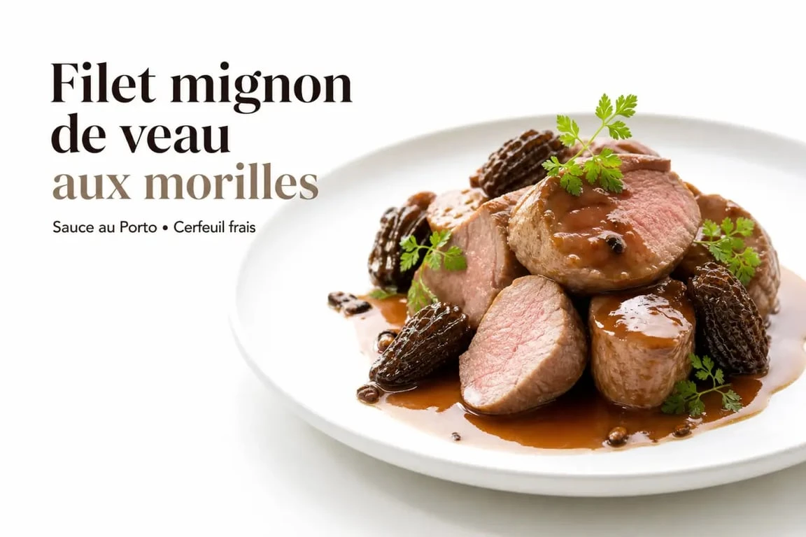Recette filet mignon de veau gastronomique aux morilles et sauce Porto dressé sur assiette