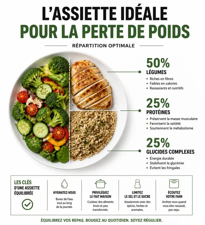 Infographie de la répartition idéale d'une assiette pour un plan alimentaire pour perte de poids