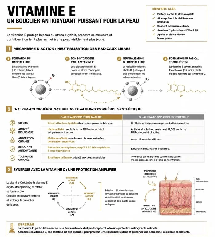 Infographie sur les bienfaits de la vitamine E pour la peau et son action antioxydante