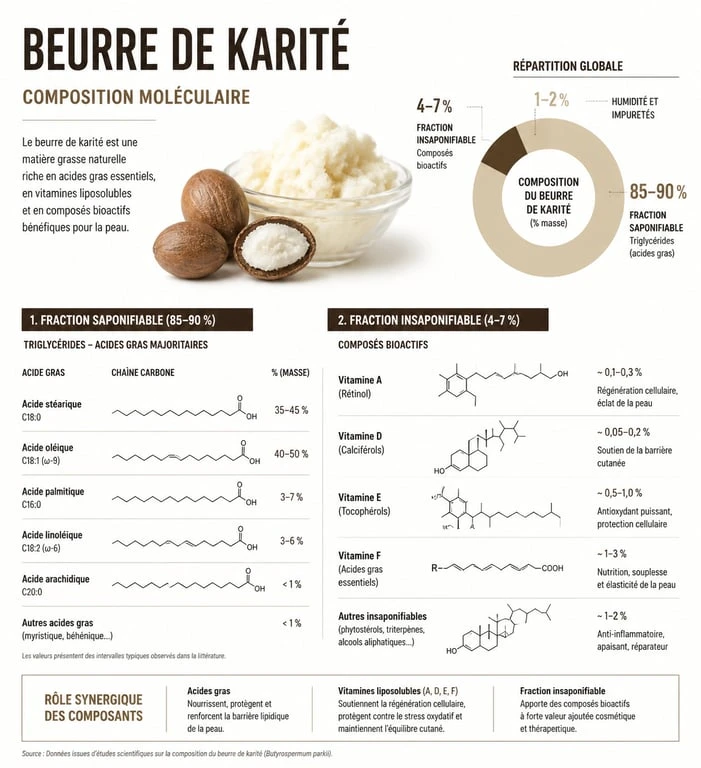 Infographie des bienfaits et de la composition moléculaire du beurre de karité pour la peau et les cheveux.