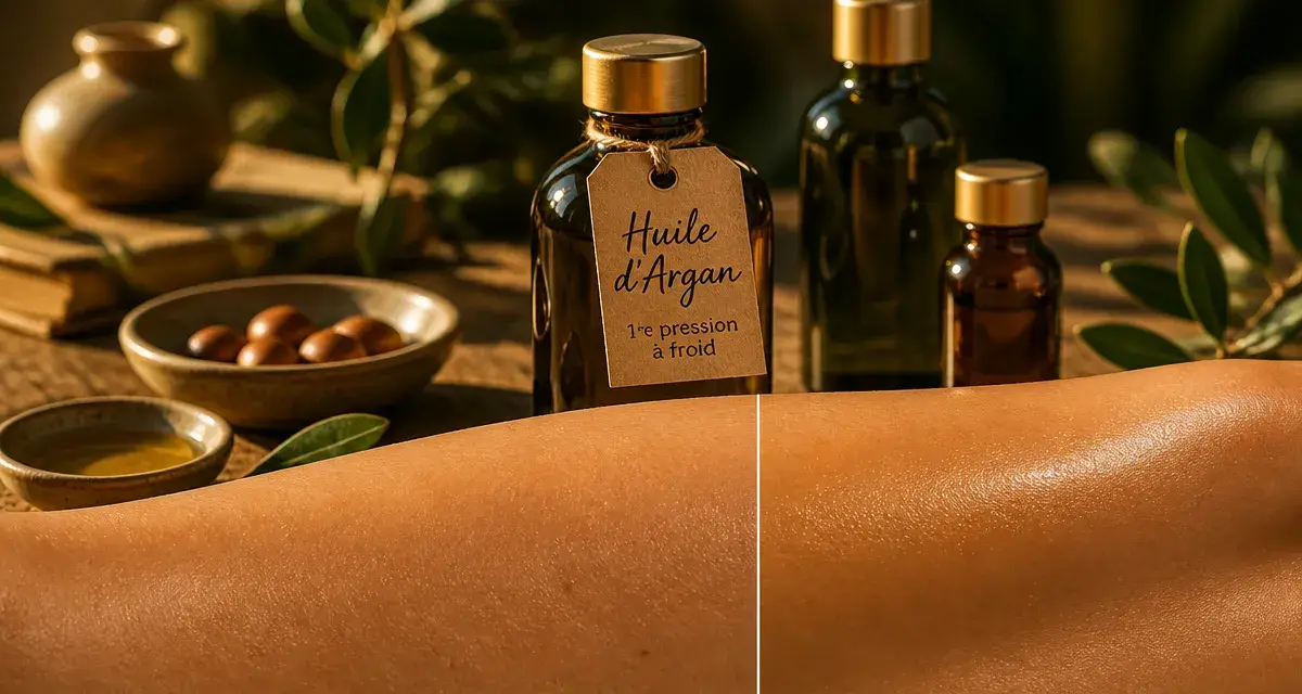 Meilleure huile corps : huile d’argan 1re pression à froid, flacons et peau hydratée