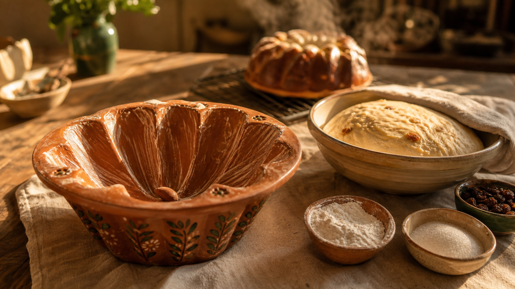 Moule kouglof en terre cuite cannelée pour brioche, avec amandes et pâte levée.