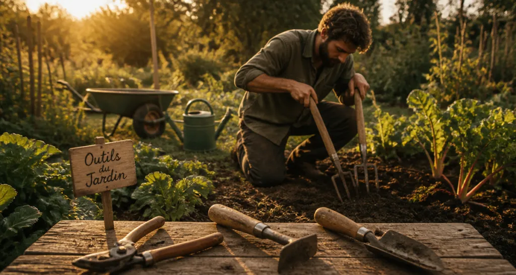 Outils de jardinage liste avec photos sur planche en bois