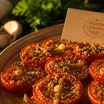 Recette avec tomates : tomates confites à l’ail sur plat en céramique
