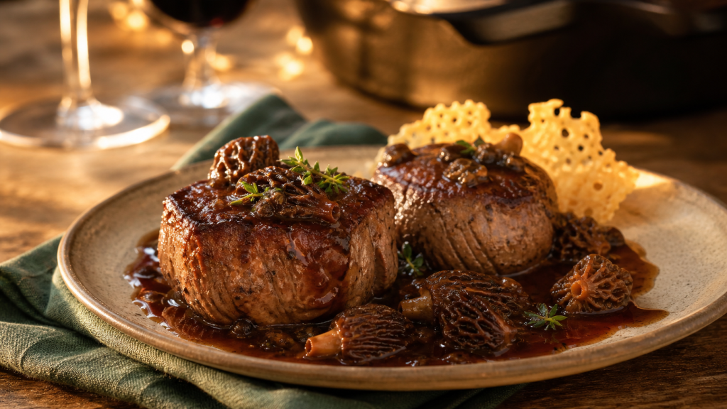 Recette filet mignon de veau gastronomique : filet mignon doré à la sauce Porto aux morilles