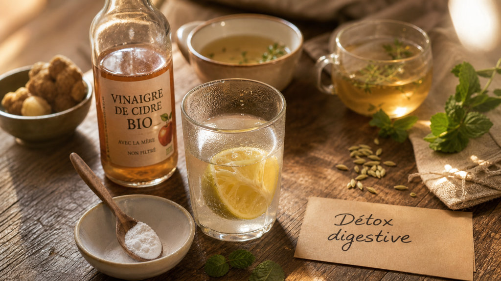 Remede de grand mere pour nettoyer l estomac : verre d’eau tiède, citron, bicarbonate et infusions