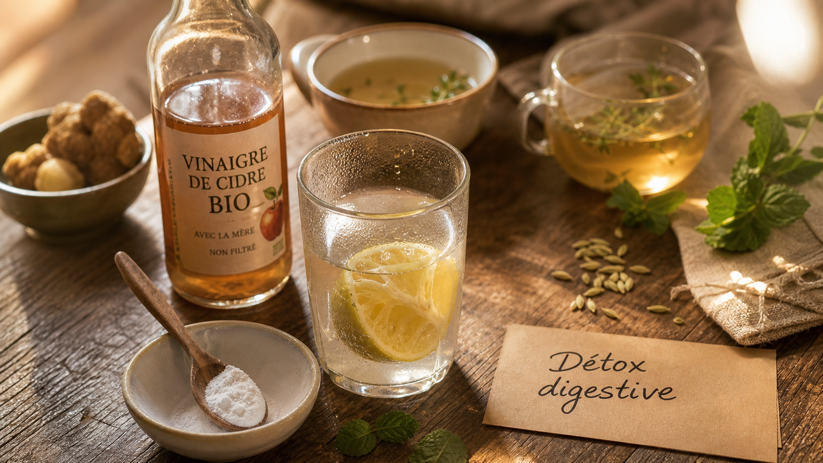 Remede de grand mere pour nettoyer l estomac : verre d’eau tiède, citron, bicarbonate et infusions