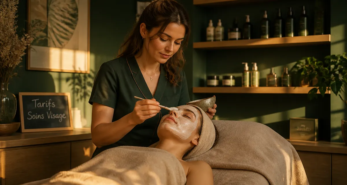 soin du visage prix en institut, esthéticienne applique un masque