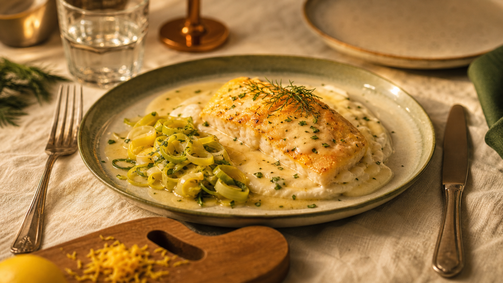 Accompagnement pour cabillaud avec sauce beurre blanc, légumes et poireaux citronnés