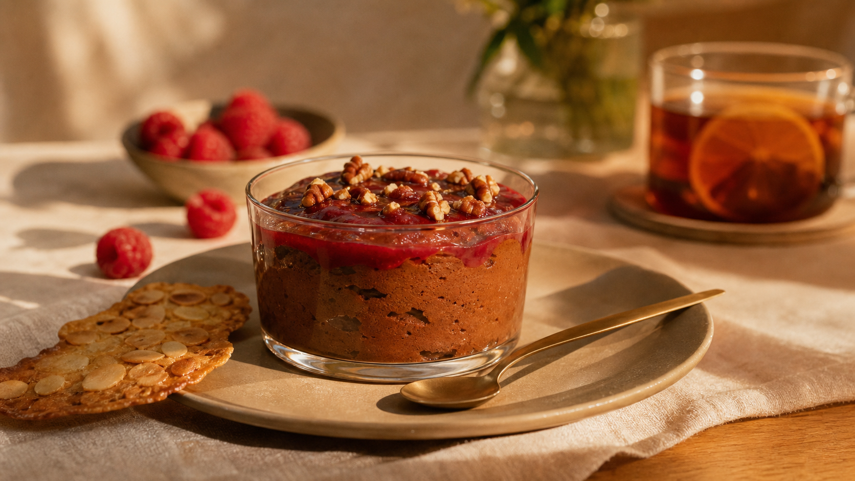 Accompagner une mousse au chocolat : mousse, framboises et noix de pécan caramélisées