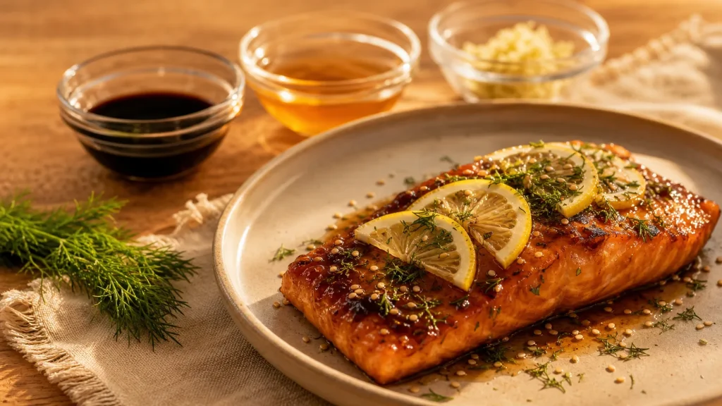 Assaisonnement pour saumon au citron et sauce soja, herbes fraîches