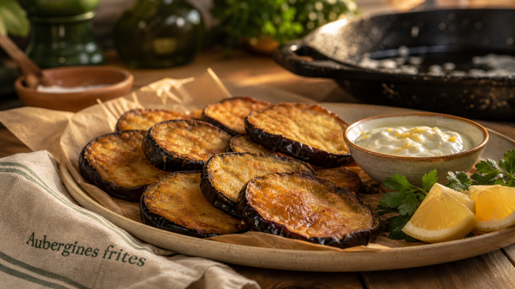 Aubergine frit dorée, 2 min par face, sur papier absorbant, avec yaourt citronné