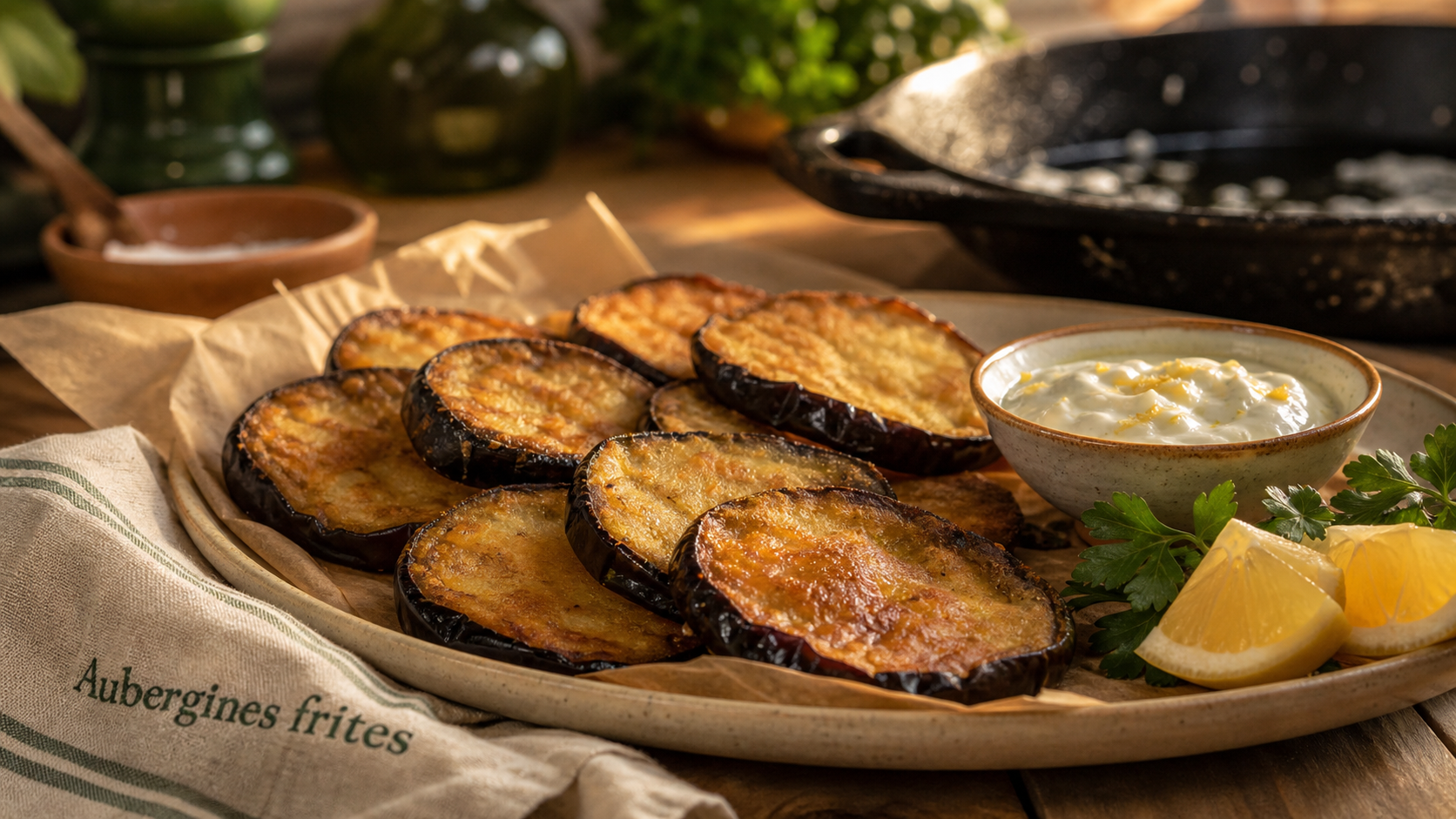 Aubergine frit dorée, 2 min par face, sur papier absorbant, avec yaourt citronné