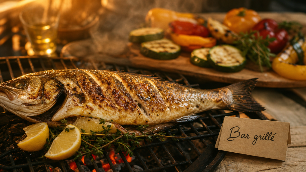 Bar au bbq grillé, peau croustillante et chair fondante