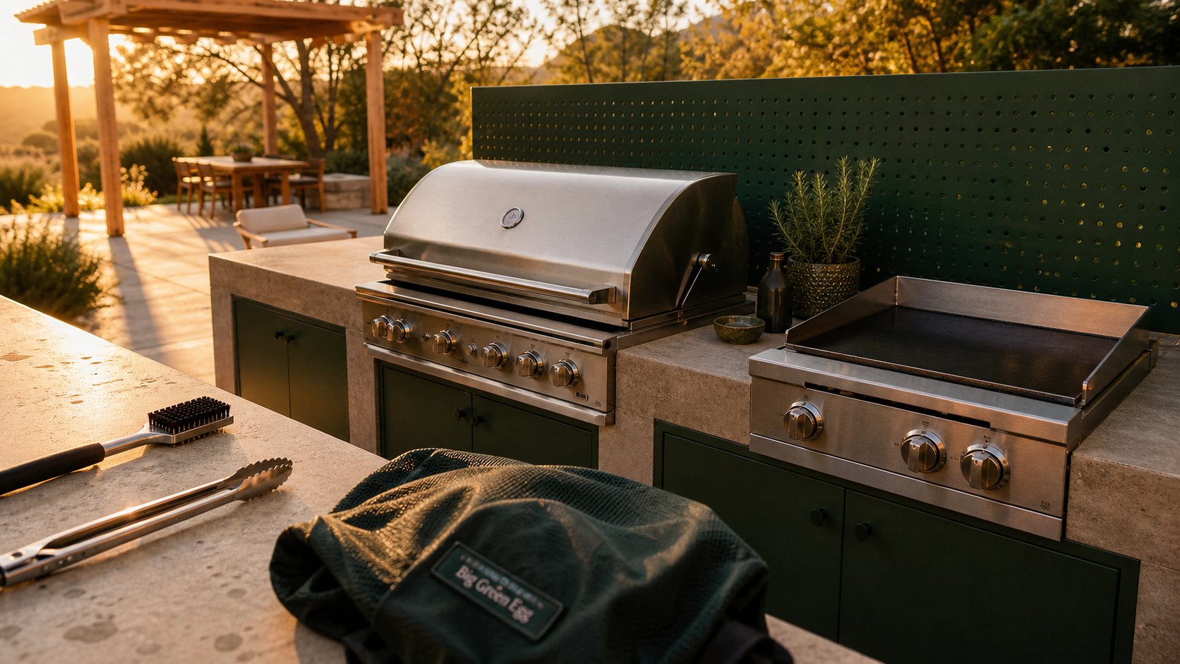 Barbecue cuisine extérieure en inox et modules, implantation soignée