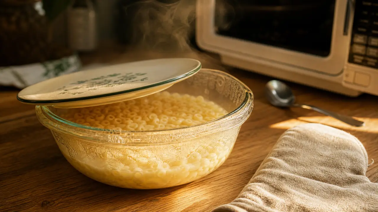 Comment cuire des pates au micro ondes : bol Pyrex de coquillettes et eau salée