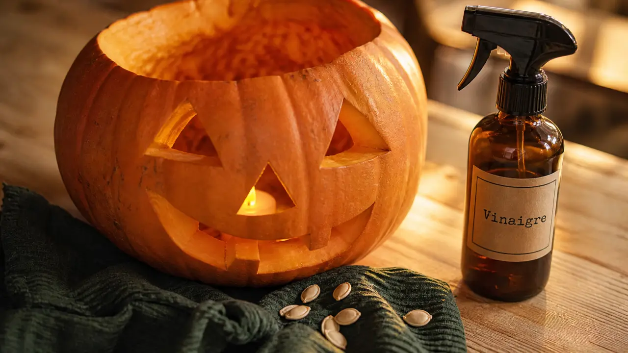 Conserver citrouille halloween avec vinaigre : citrouille fraîche à l’intérieur vide, graines et brume