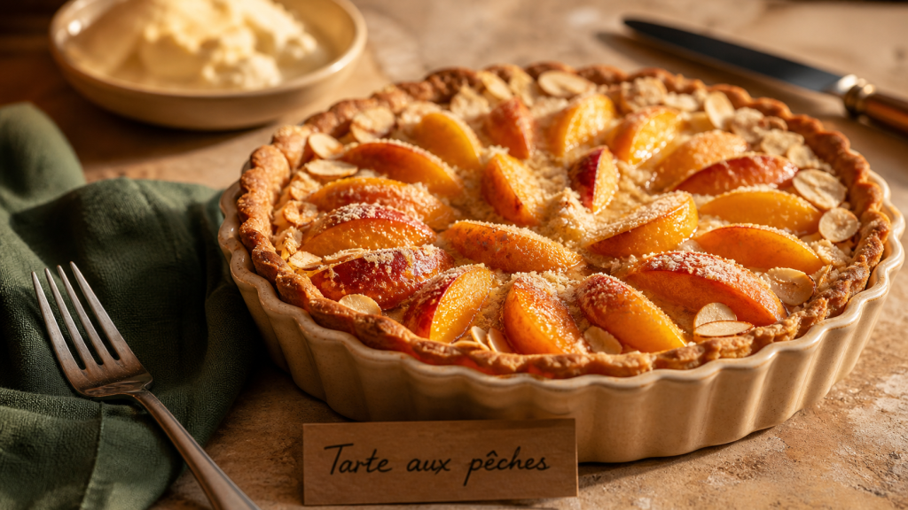 Desserts pêches : tarte aux pêches moelleuse, pâte dorée, quartiers visibles
