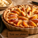 Desserts pêches : tarte aux pêches moelleuse, pâte dorée, quartiers visibles