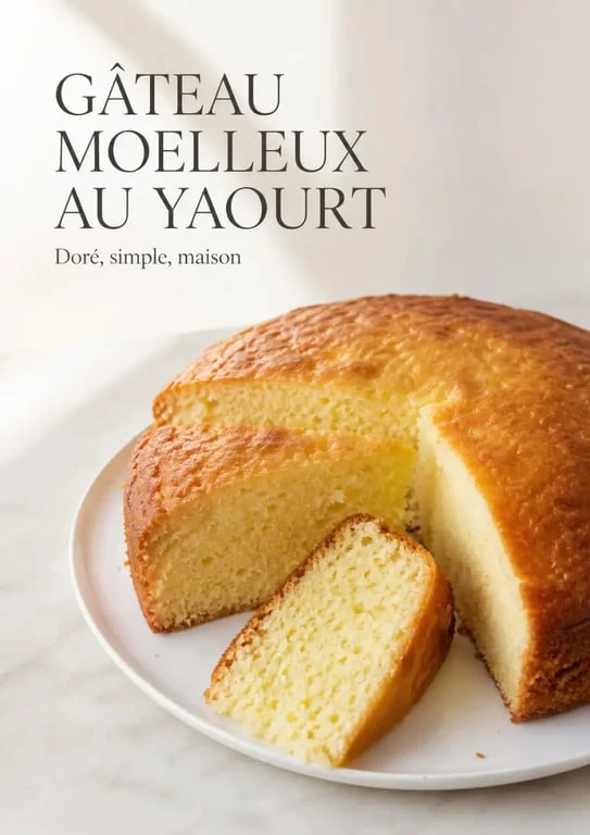 Un gateau avec un oeuf moelleux au yaourt, doré et tranché sur assiette blanche