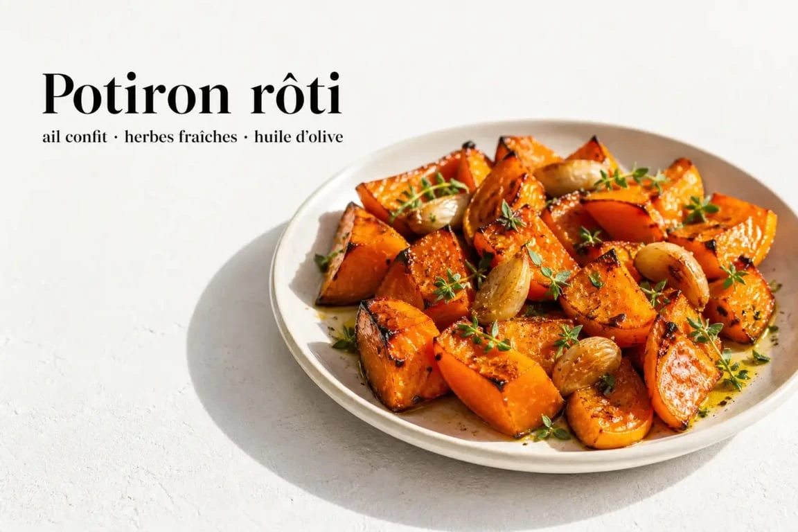 Potiron au four recette : potiron rôti doré servi dans une assiette claire avec ail et herbes