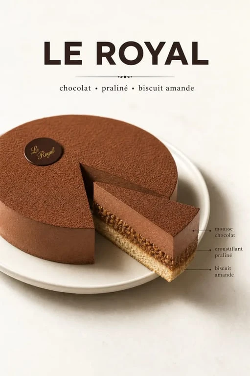 Gâteau le royal au chocolat en photo, avec ses couches biscuit, praliné et mousse bien visibles