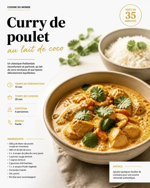Curry de poulet au lait de coco onctueux, une recette avec pâte de curry facile et savoureuse.