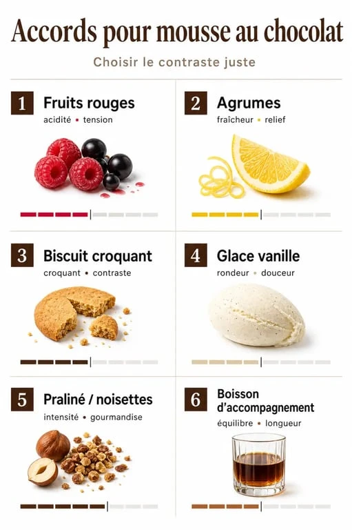 Tableau visuel pour accompagner une mousse au chocolat avec fruits rouges, agrumes, biscuits, glace et boisson