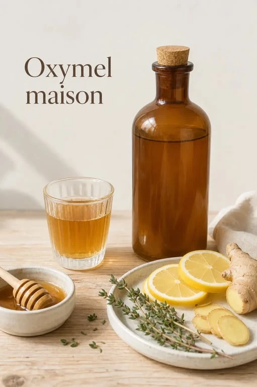 Recette oxymel dans une bouteille en verre avec citron, gingembre et thym