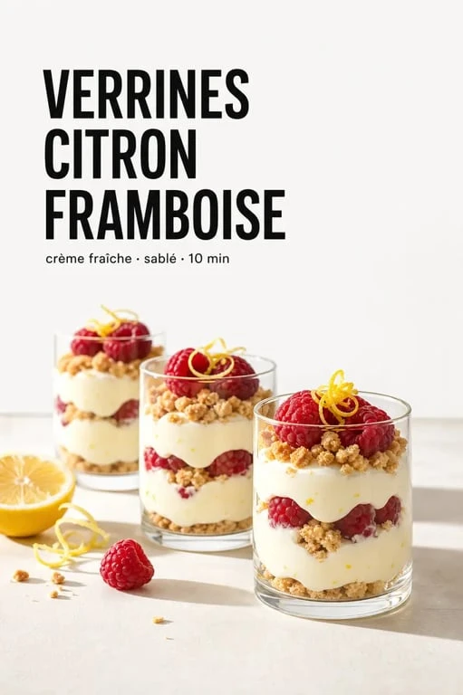 Dessert crème fraîche rapide en verrines au citron, biscuits et fruits rouges
