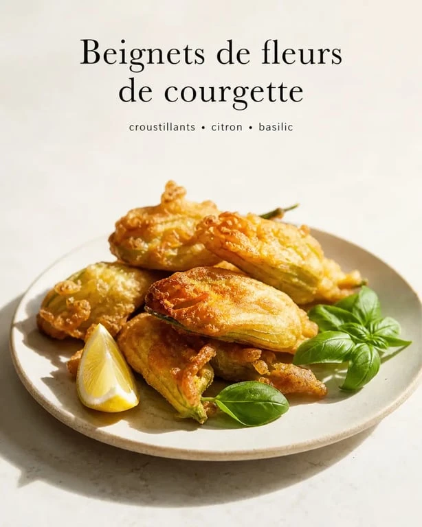 Recette fleur de courgette beignet : beignets de fleurs de courgette dorés et croustillants sur une assiette