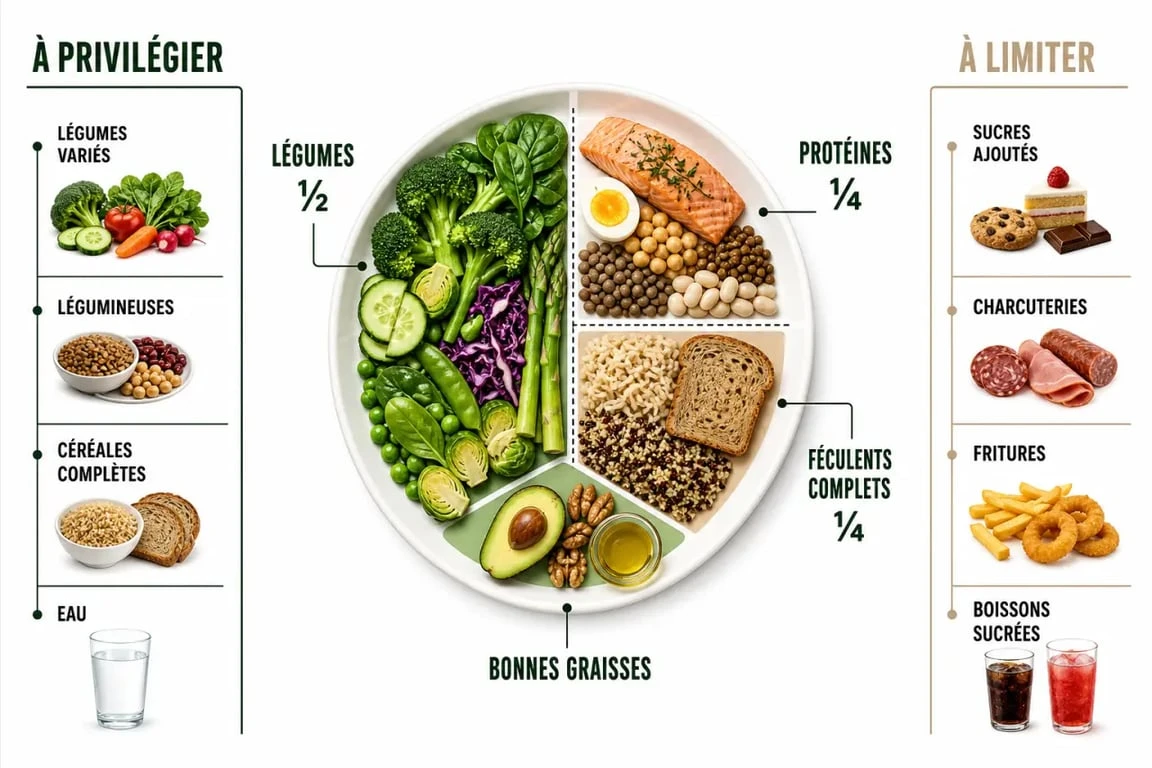 Nourriture healthy : illustration d’une assiette équilibrée avec aliments à privilégier et à limiter